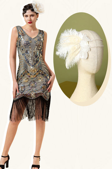Aprikos och Gyllene Paljetter Fransar 1920-Talets Gatsby Flapper Klänning med 20-Tals Tillbehör Set